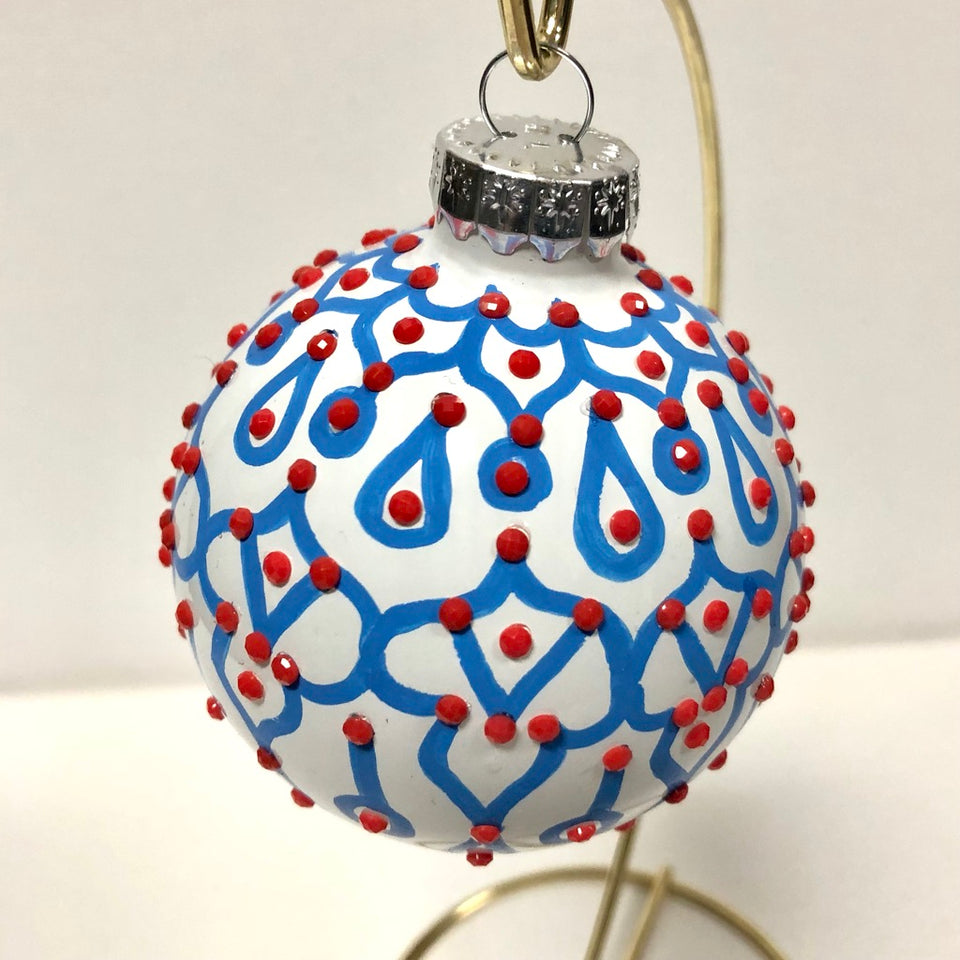 White Glass Ornament with Hand-painted Blue Detail with Red Beading