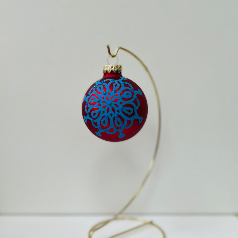 Red Glass Ornament with Hand-Painted Blue Mandala