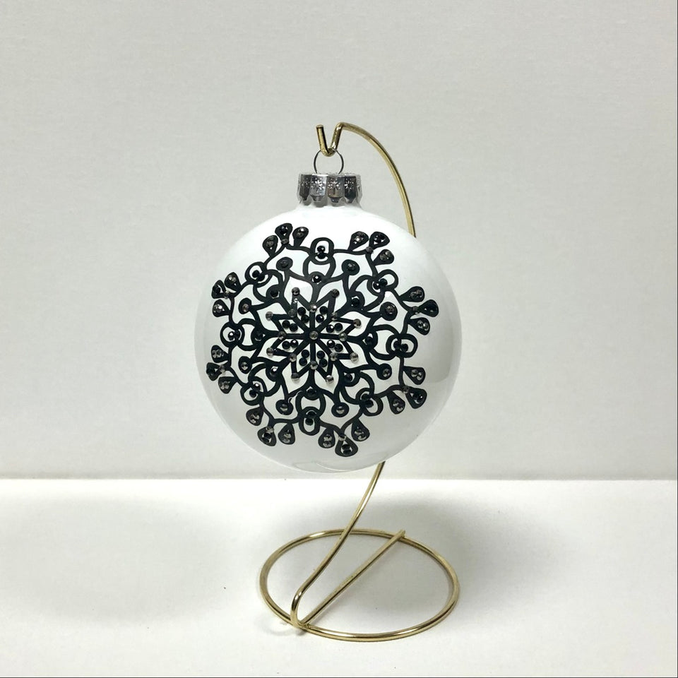 Extra Large White Glass Ornament with Hand-painted Mandala in Black with Silver & Black Beading