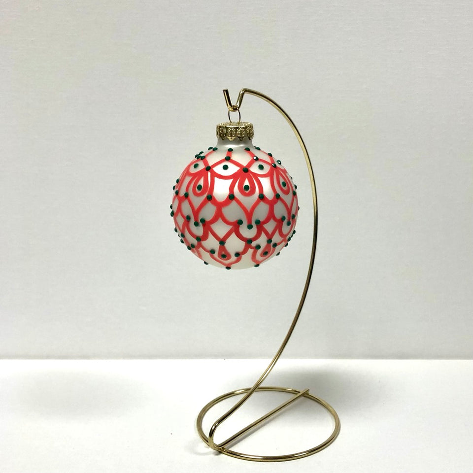 White Glass Ornament with Hand-painted Red Design with Green Beading