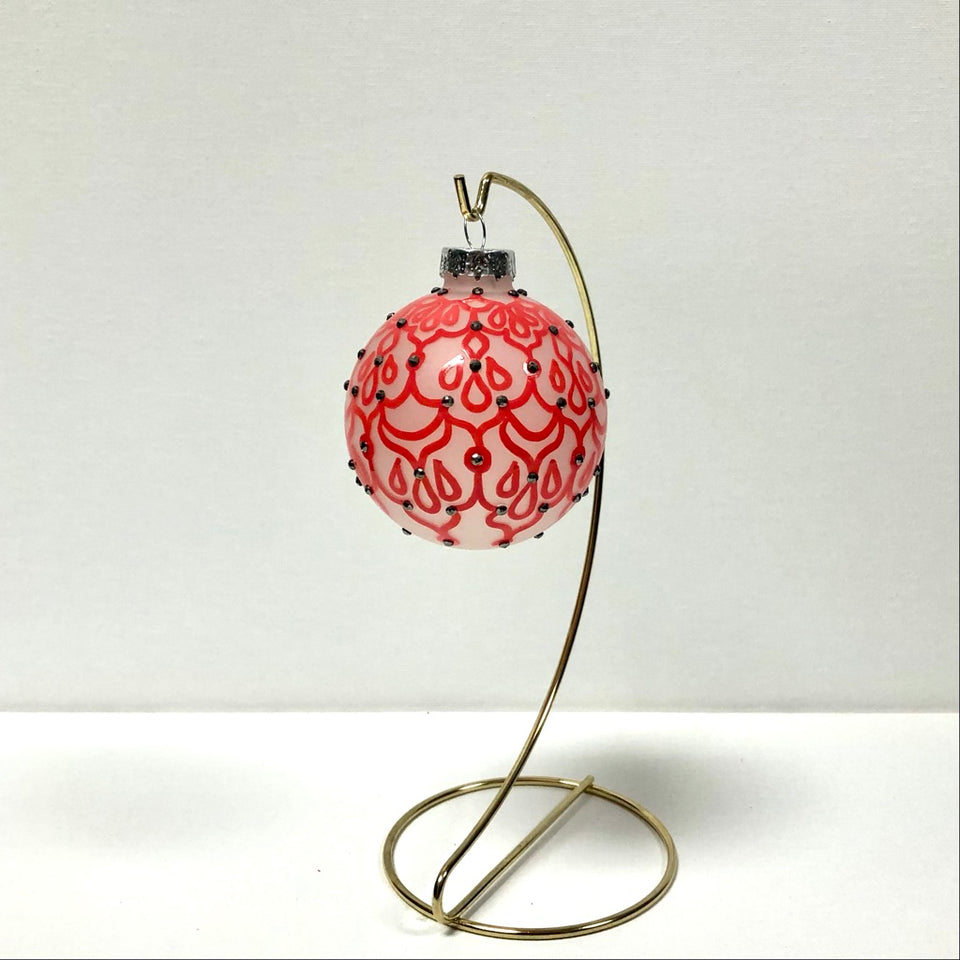 Frosted Glass Ornament with Hand-painted Red Design with Silver Beading