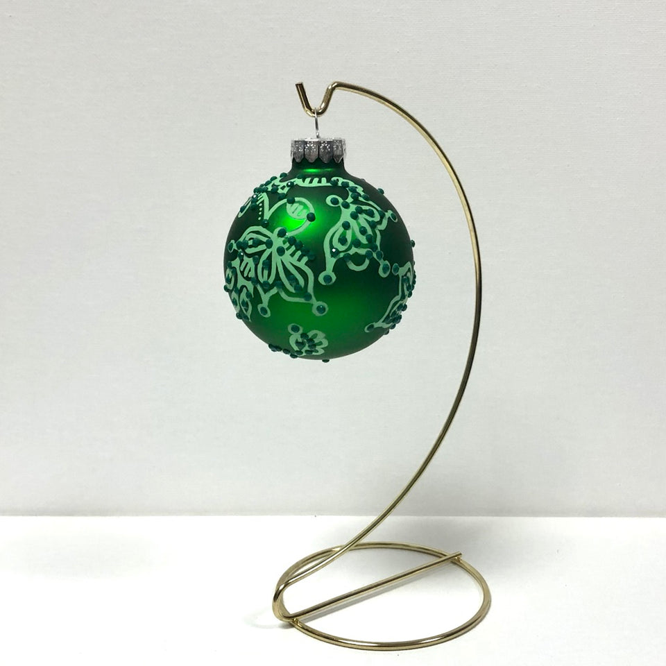 Green Glass Ornament with Hand-painted Green Design with Green Beading