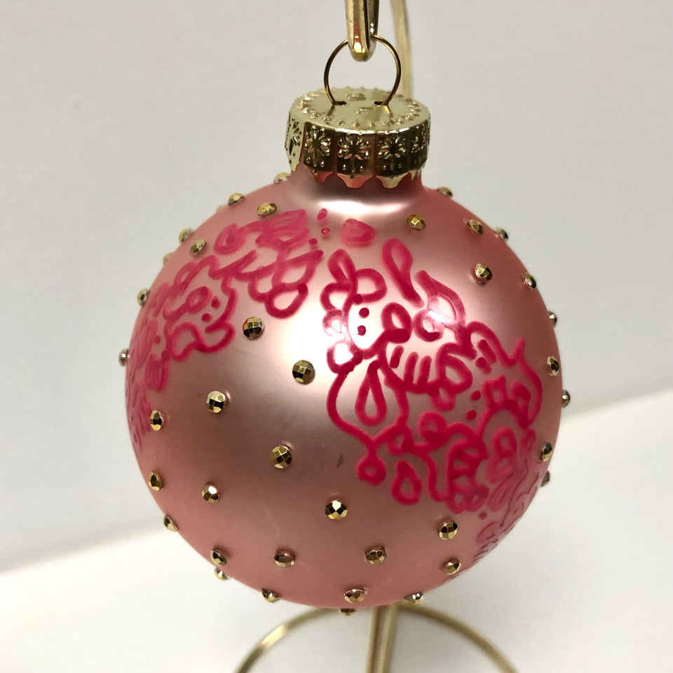 Pink Glass Ornament with Hand-painted Pink Design with Gold Beading