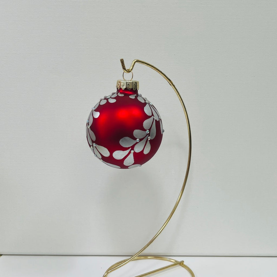 Red Glass Ornament with Hand-Painted Silver Design and Silver Beading