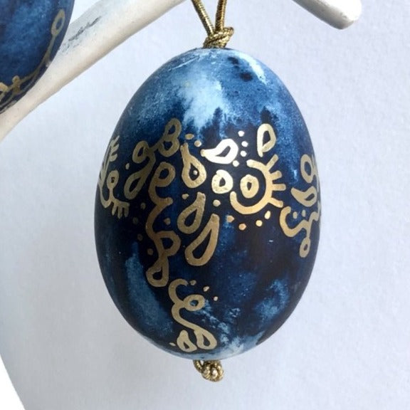 Real Egg Ornament with Prussian Blue and Gold Detail