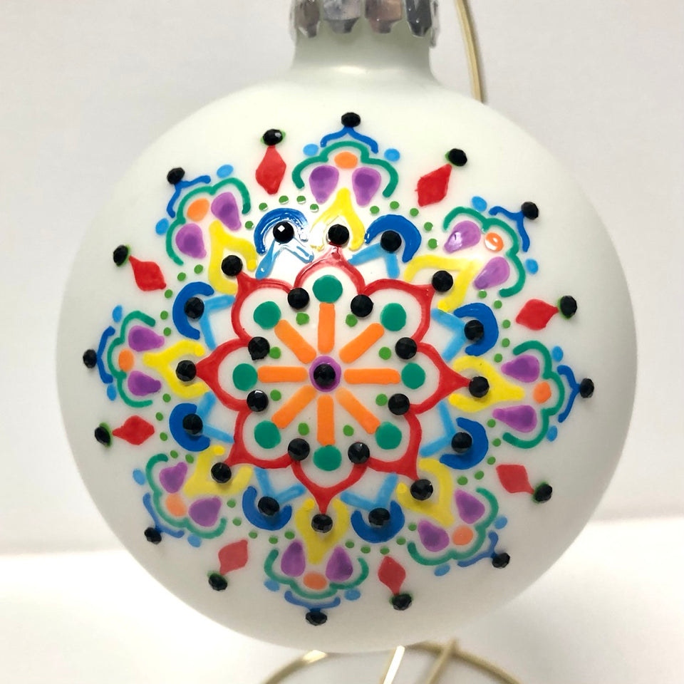Extra Large White Glass Ornament with Hand-painted Multi-colored Mandala with Black Beading