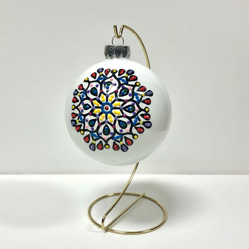 Extra Large White Glass Ornament with Hand-painted Black Mandala with Multi-Colored Beading