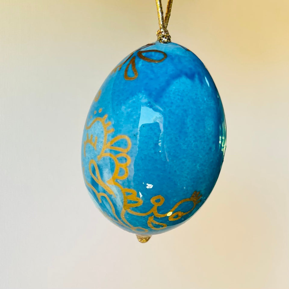 Real Egg Ornament with Aqua Blue and Gold Detail