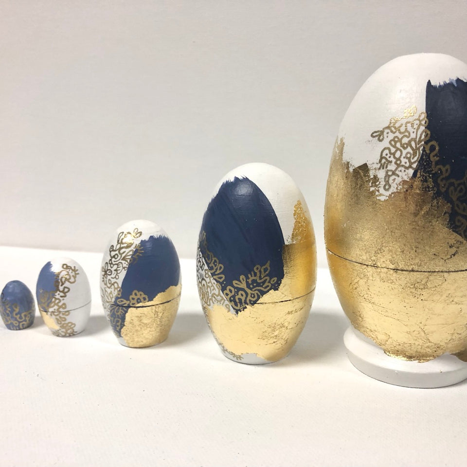 Matryoshka Stacking Eggs with Hand-Painted Design in Shades of Blue and Gold Leaf Detail