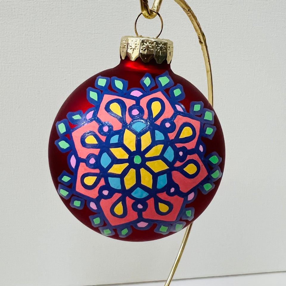 Red Glass Ornament with Hand-Painted Mulit-Colored Mandala