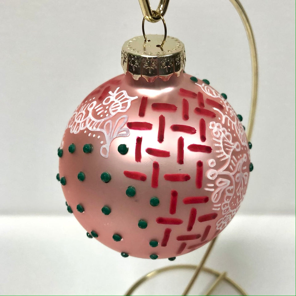 Pink Glass Ornament with Hand-painted Red & White and Green Design