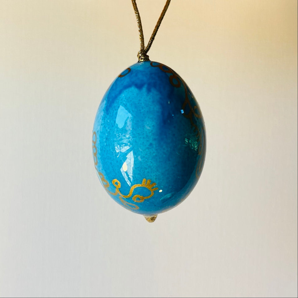 Real Egg Ornament with Aqua Blue and Gold Detail
