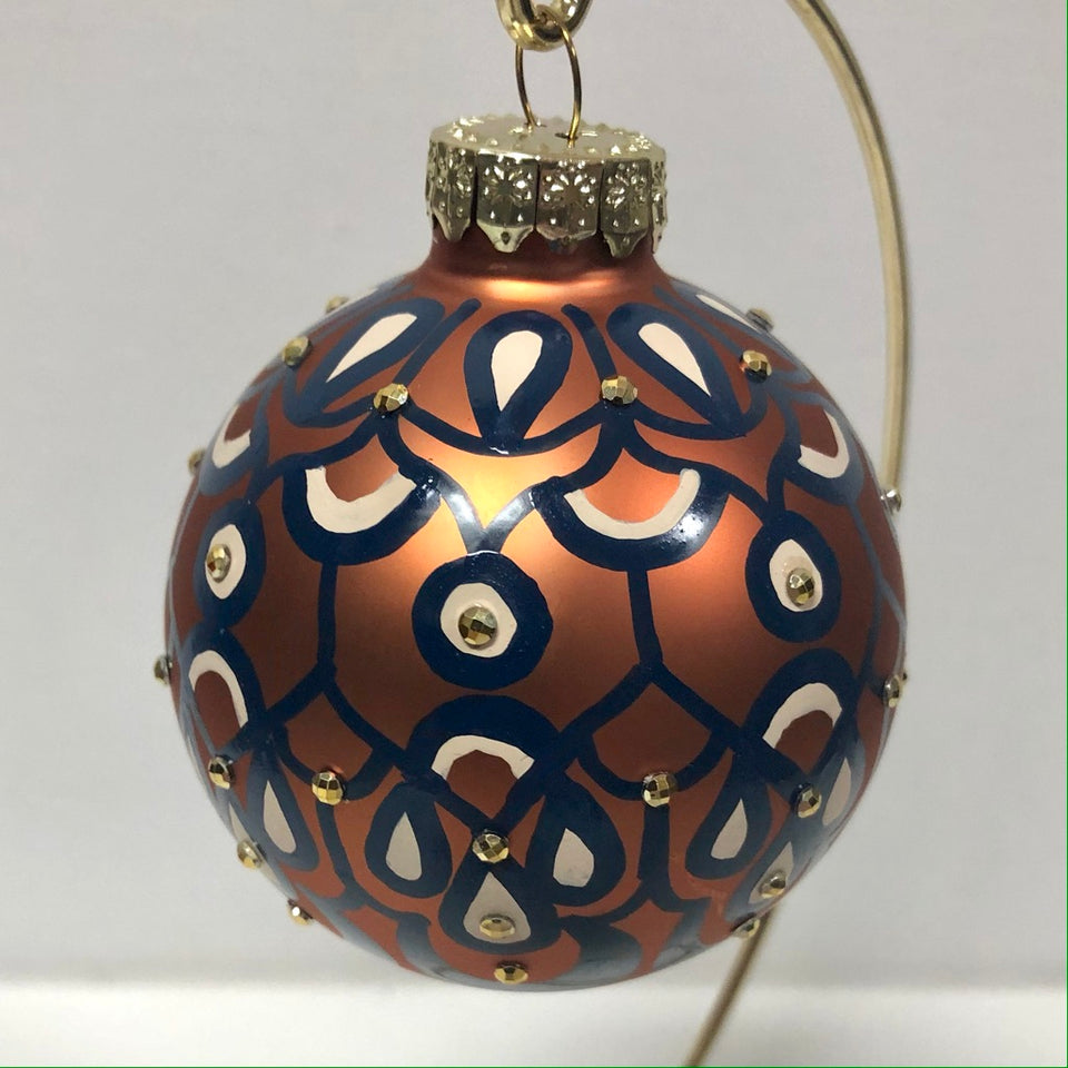 Copper Glass Ornament with Hand-painted Navy & White Design with Gold beading