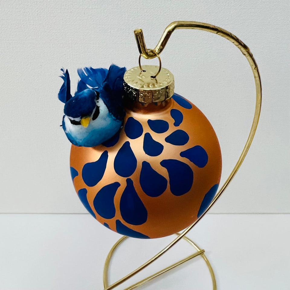 Dark Gold Glass Ornament with Blue Bird and Hand-Painted blue patterning