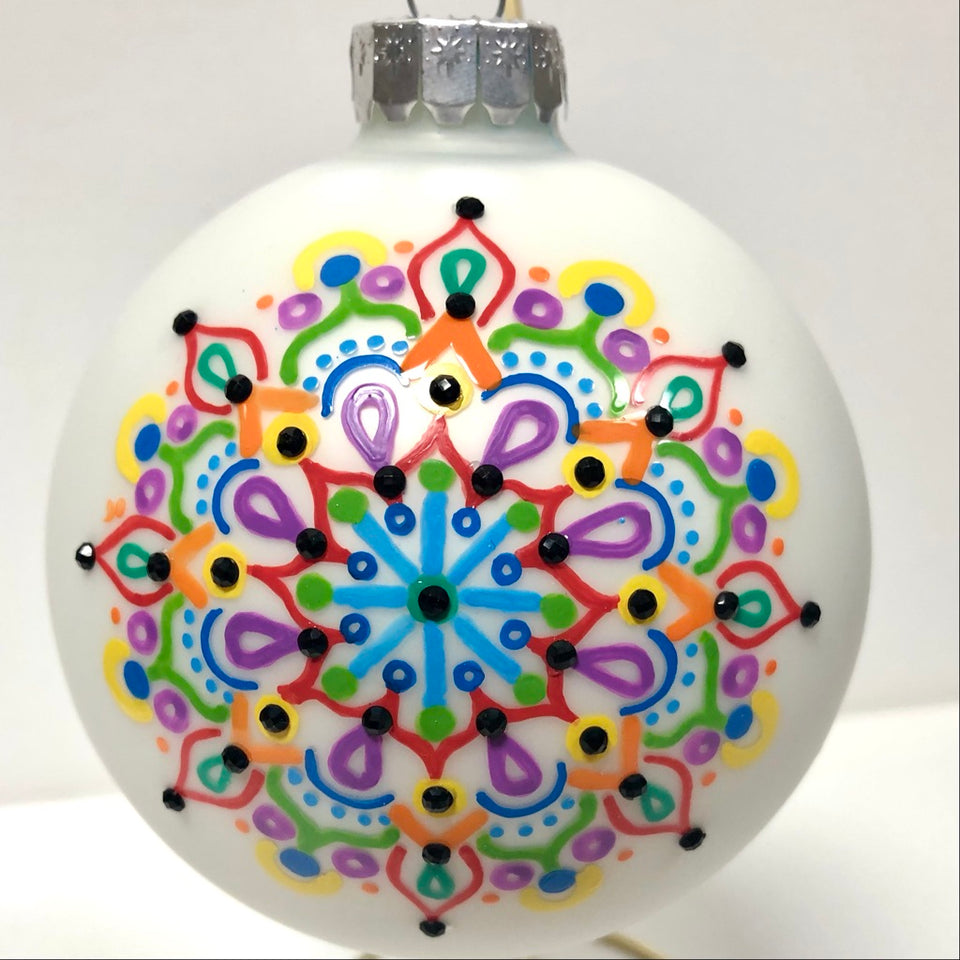 Extra Large White Glass Ornament with Hand-painted Multi-Colored Mandala with Black Beading