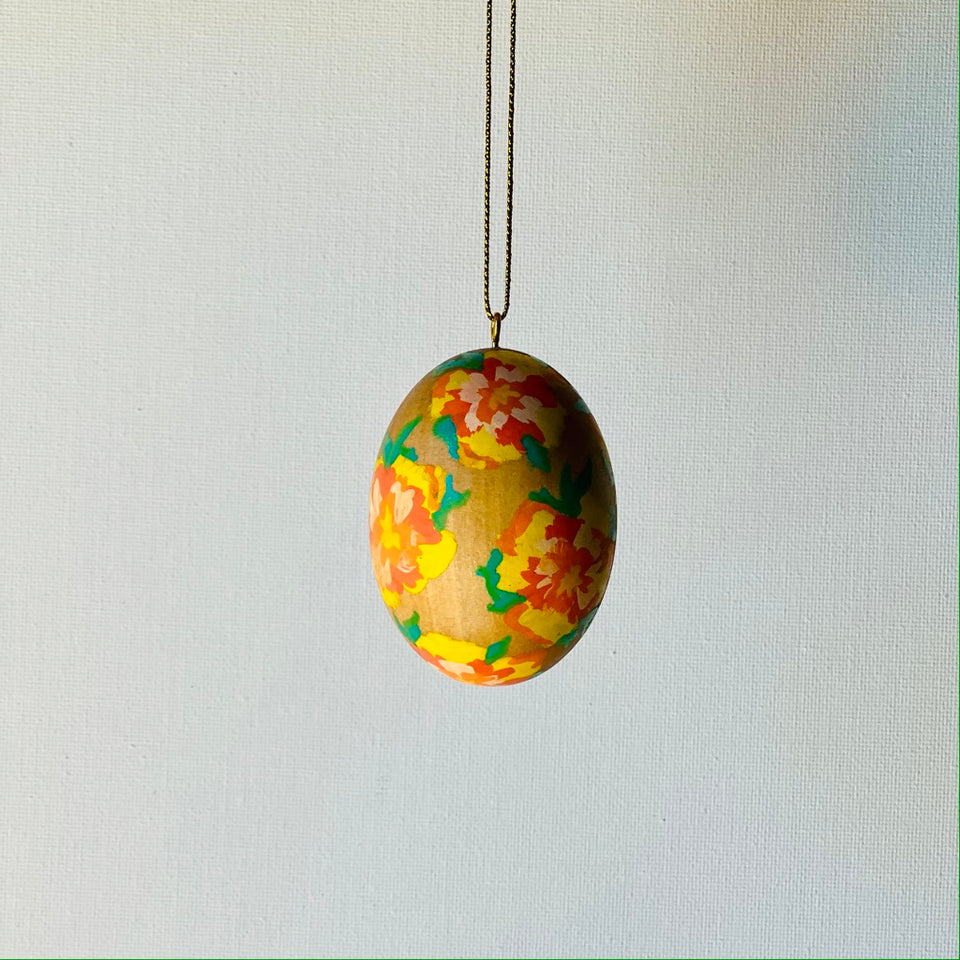 Wooden Egg Ornament with Hand-Painted Flowers in Varied Colors
