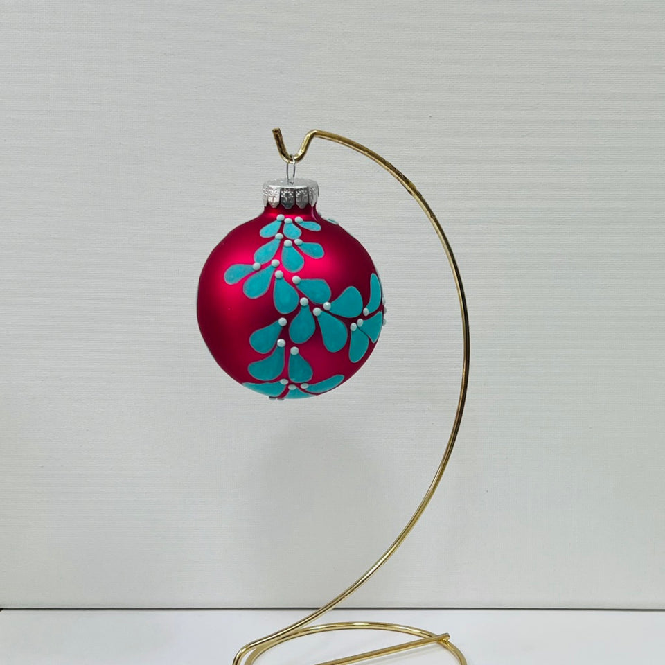 Pink Glass Ornament with Hand-Painted Aqua Design