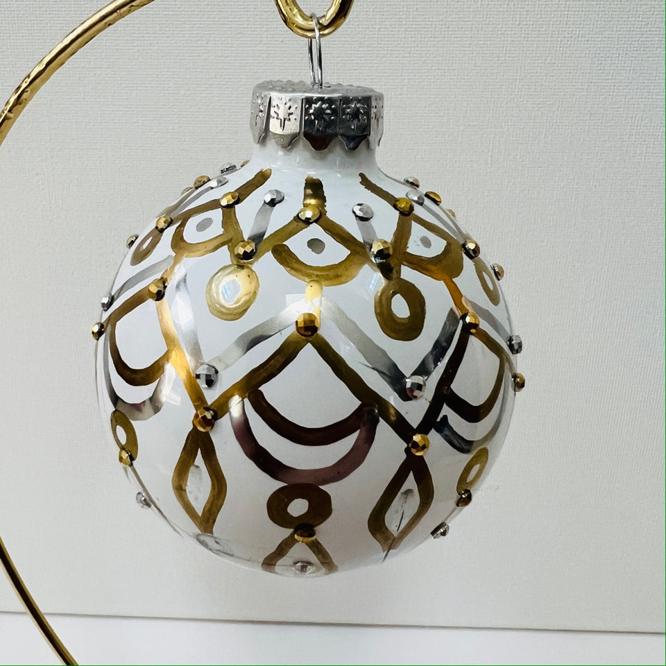 White Glass Ornament with Gold and Silver Design and Beading