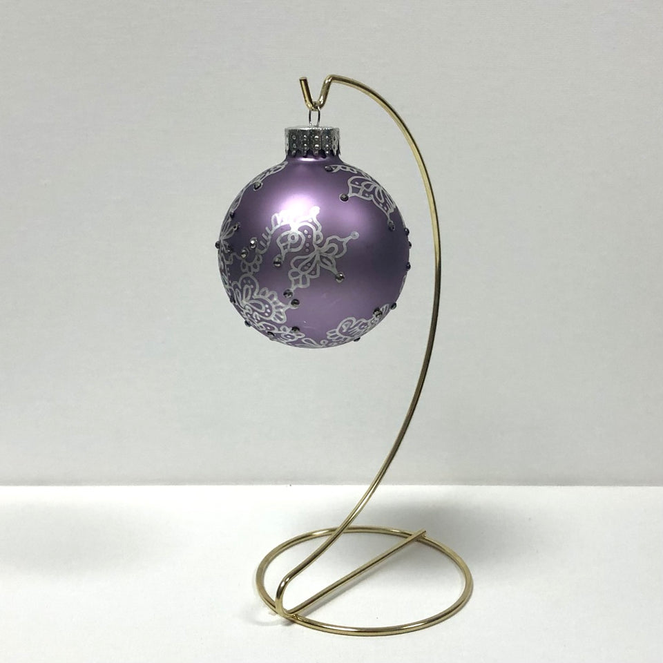 Lavender Glass Ornament with Hand-painted Silver Design with Silver Beading