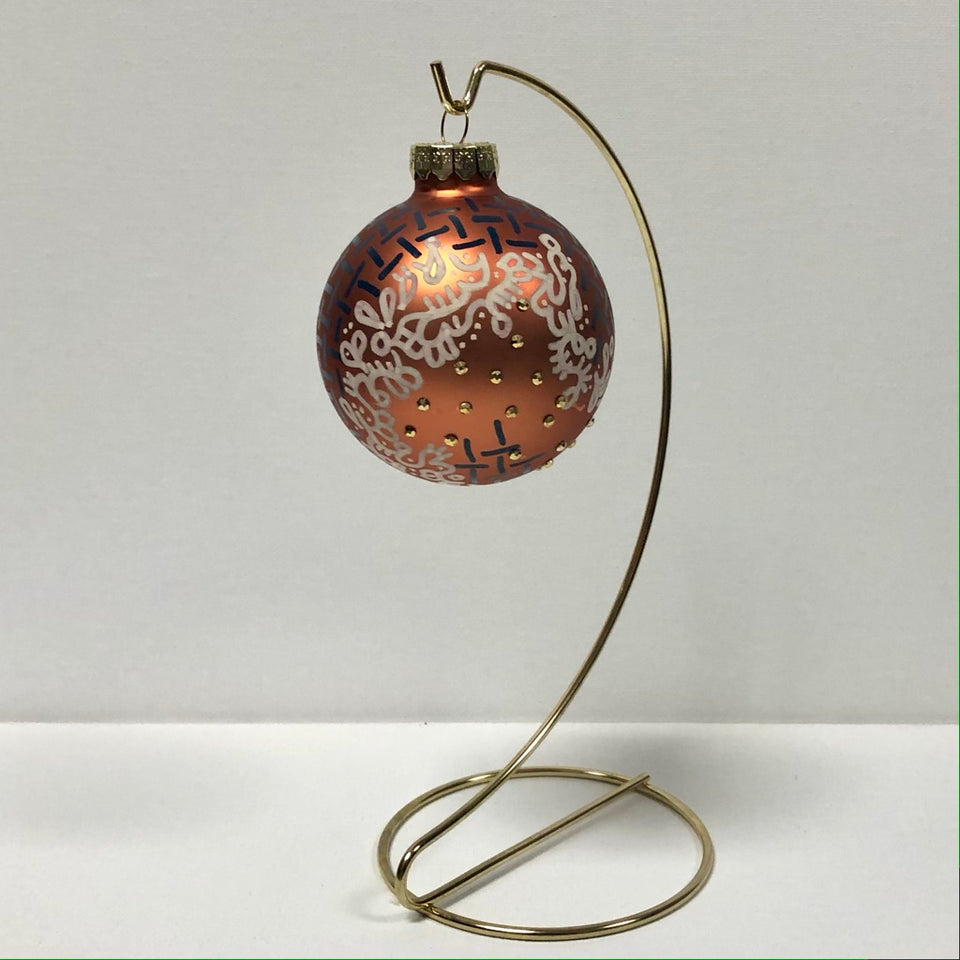 Copper Glass Ornament with Hand-painted Navy & White Detail and Gold beading