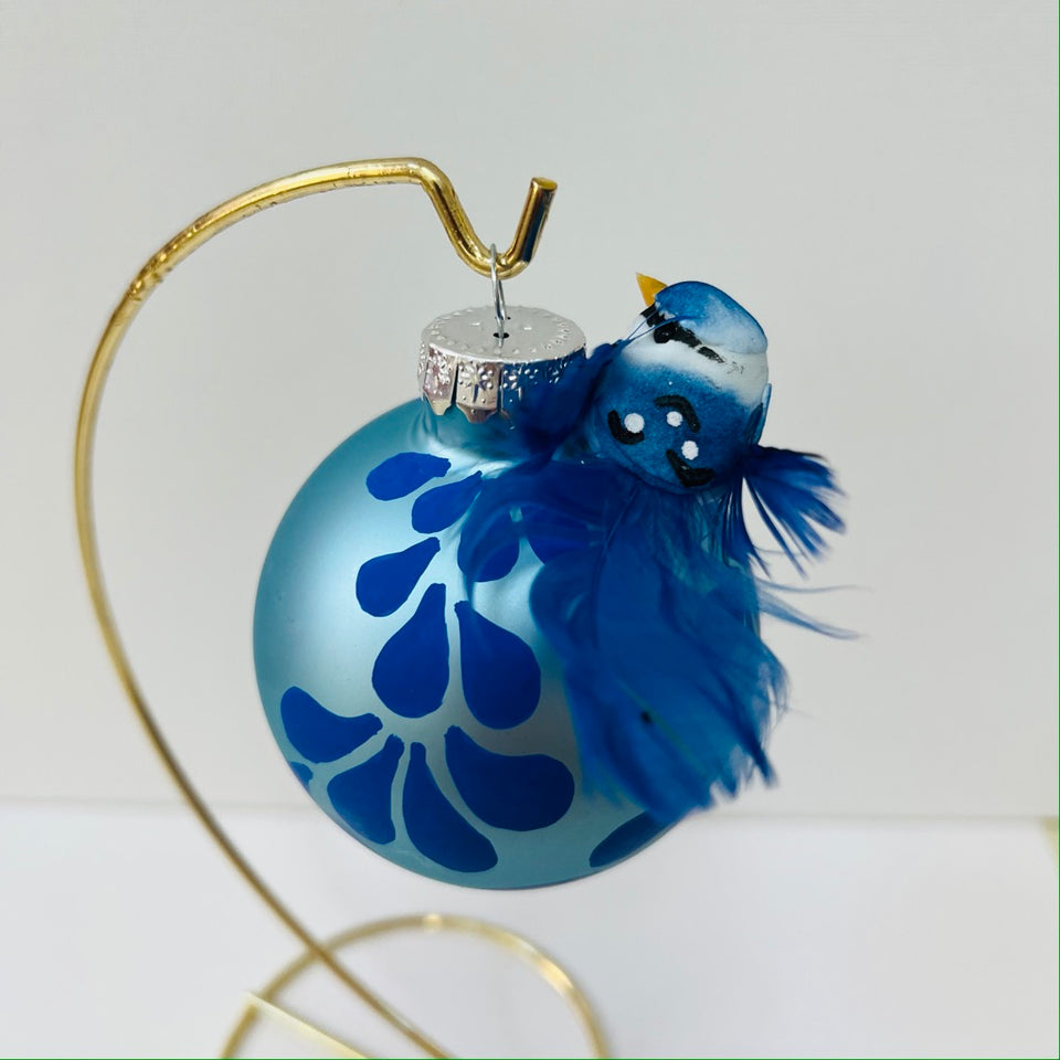 Sky Blue Glass Ornament with Blue Bird and Hand-Painted blue patterning