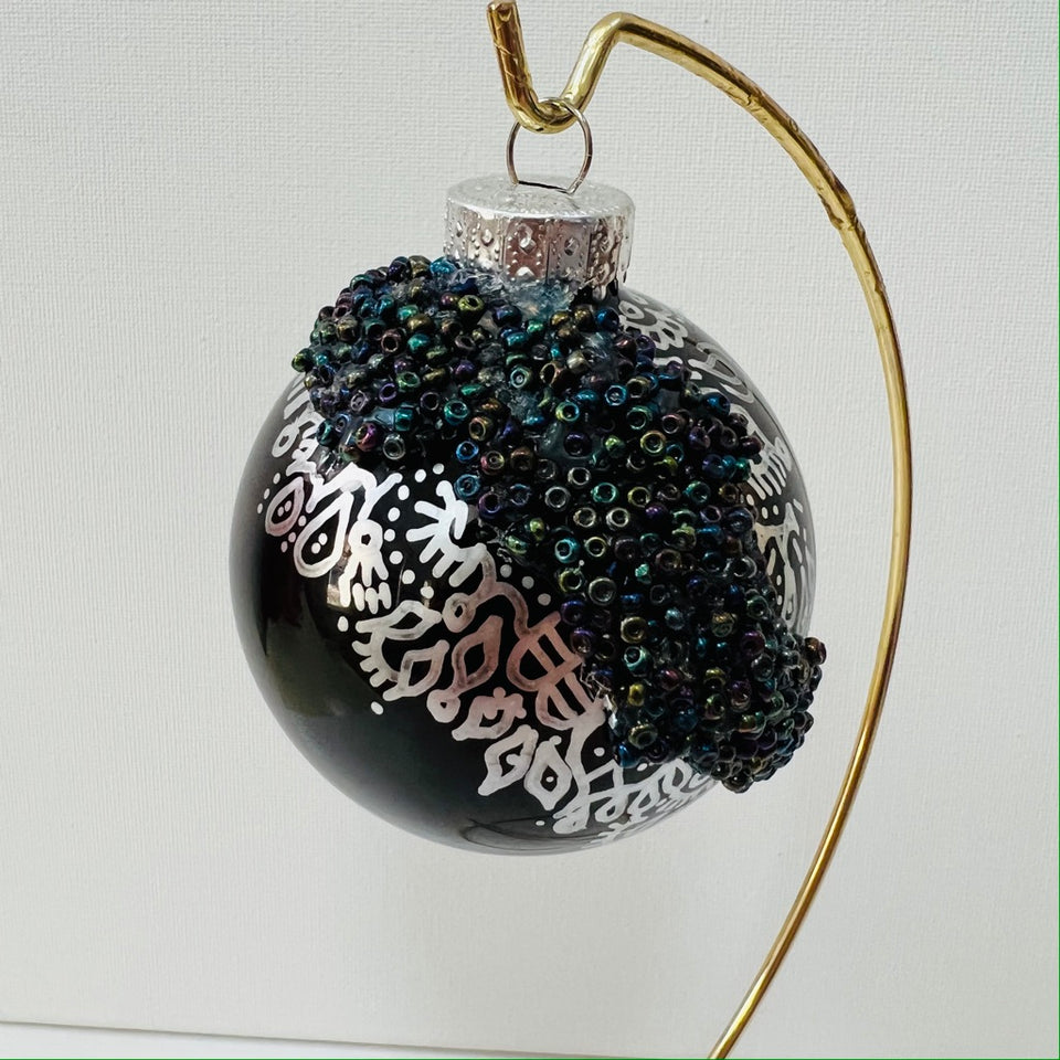 Black Glass Ornament with Silver Patterning and Multi-Colored Beading