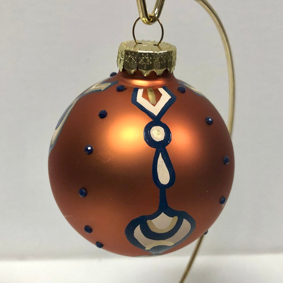 Copper Glass Ornament with Hand-painted Navy & White Pattern and Gold beading