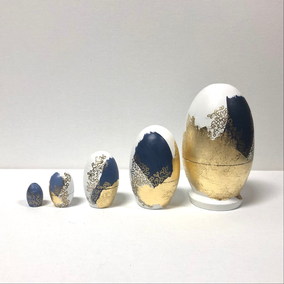 Matryoshka Stacking Eggs with Hand-Painted Design in Shades of Blue and Gold Leaf Detail
