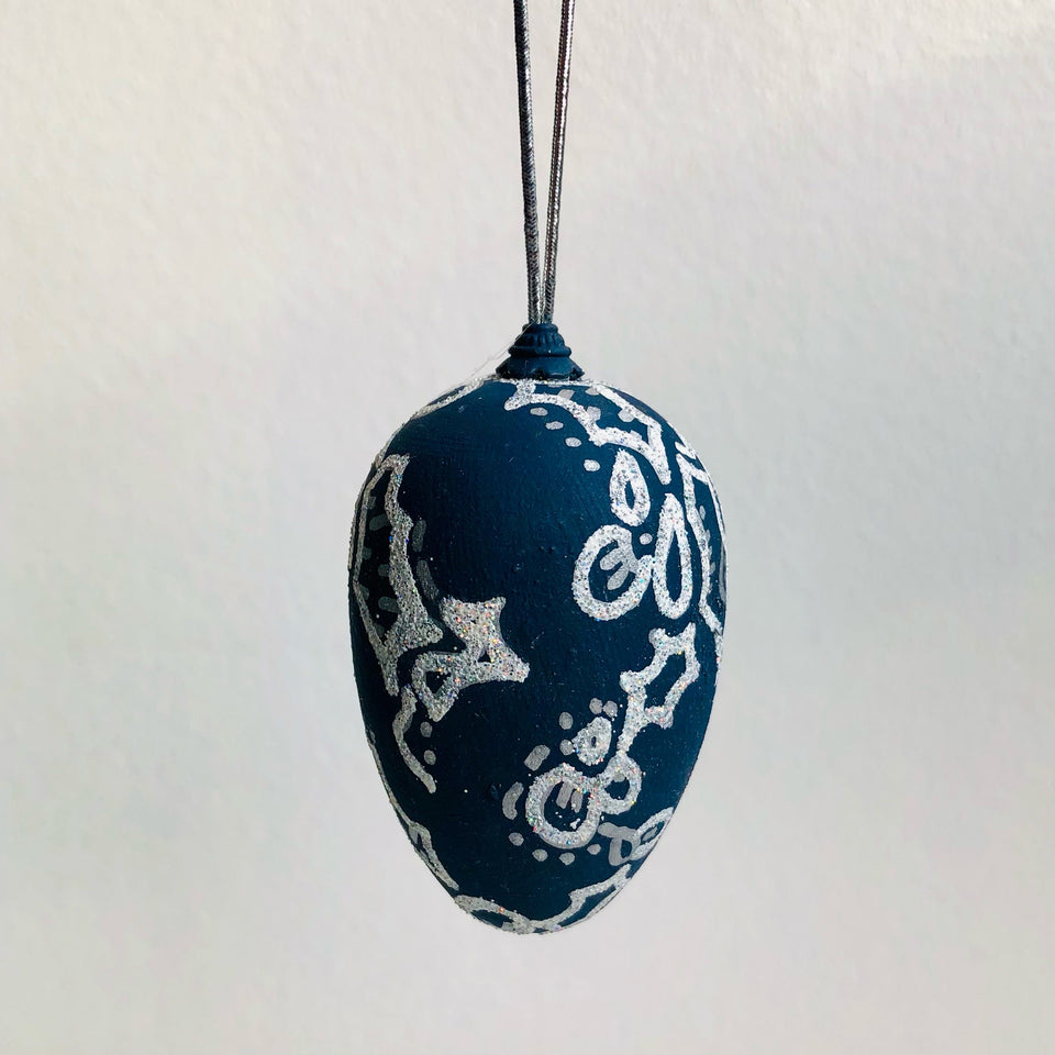 Wooden Egg Ornament with Blue & Sliver Detail