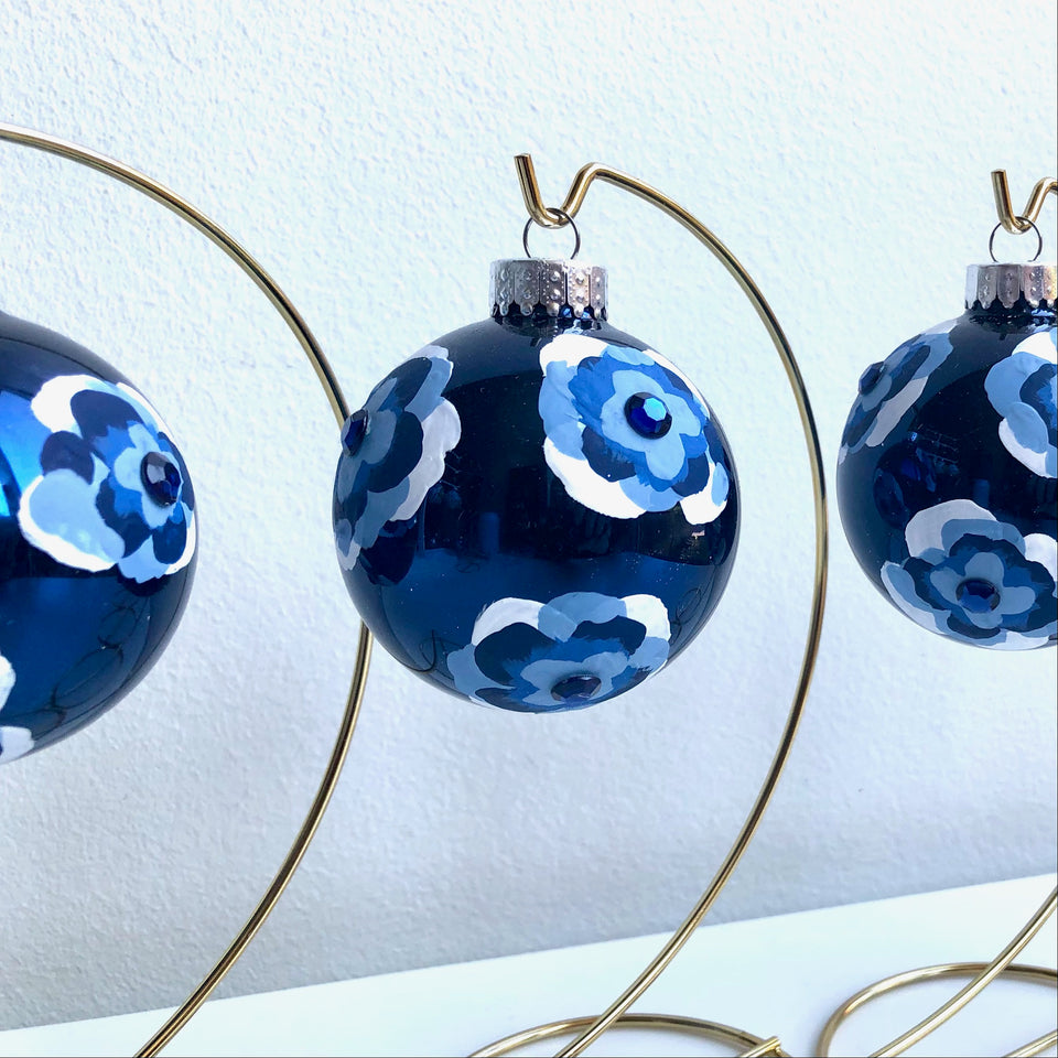 Navy Blue Glass Ornament with Hand-Painted Flowers