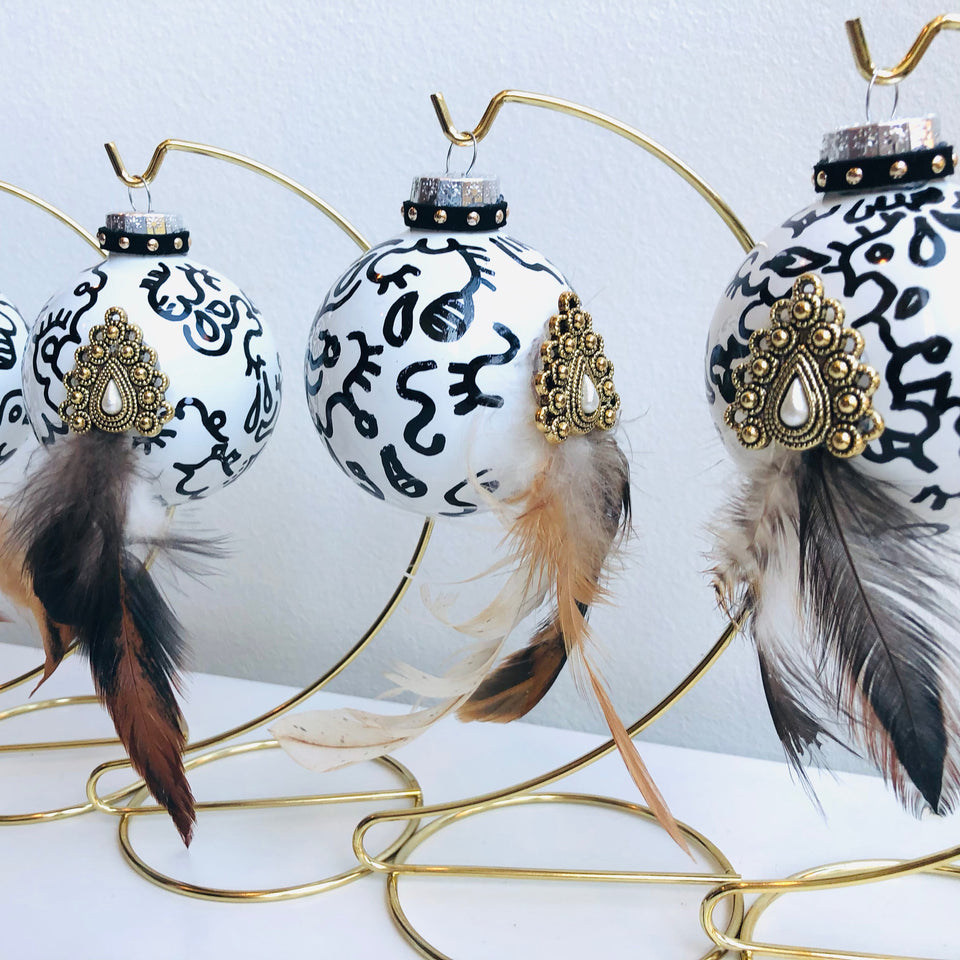 White Glass Ornament with Black & Feather Detail