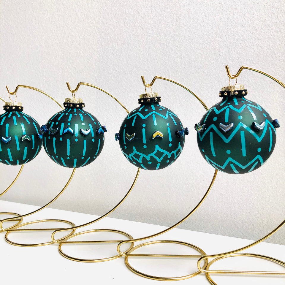 Green Glass Ornament with Teal Pattern & Glass Beads