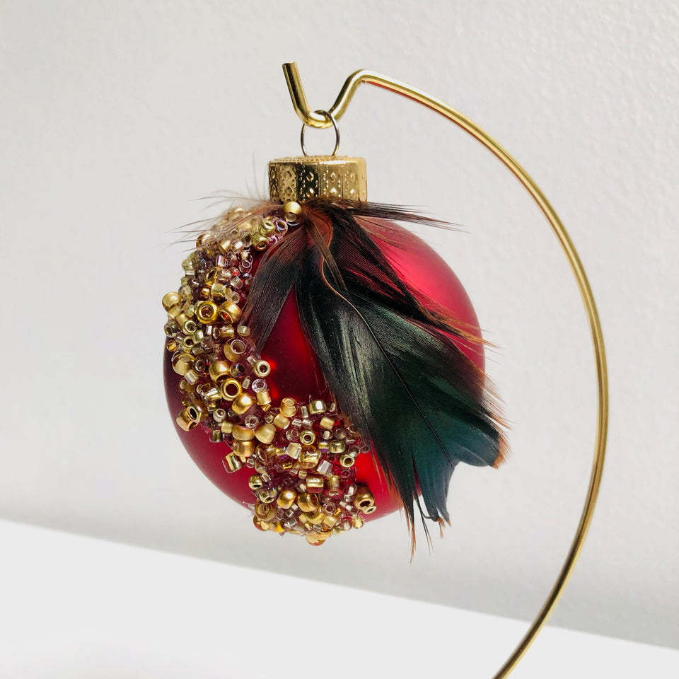 Red Glass Ornament with Gold Beads & Feathers