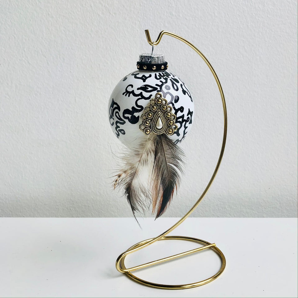 White Glass Ornament with Black & Feather Detail