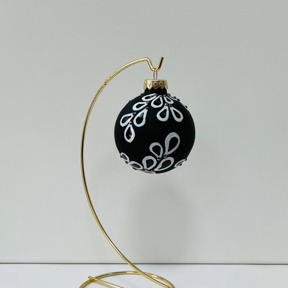 Black Glass Ornament with Black and White Patterning and Silver Beading