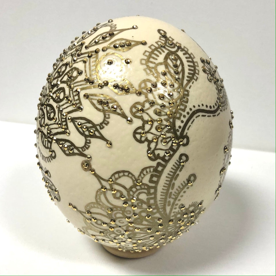 Authentic Ostrich Egg with Hand-Painted Gold Detail and Gold Beading.