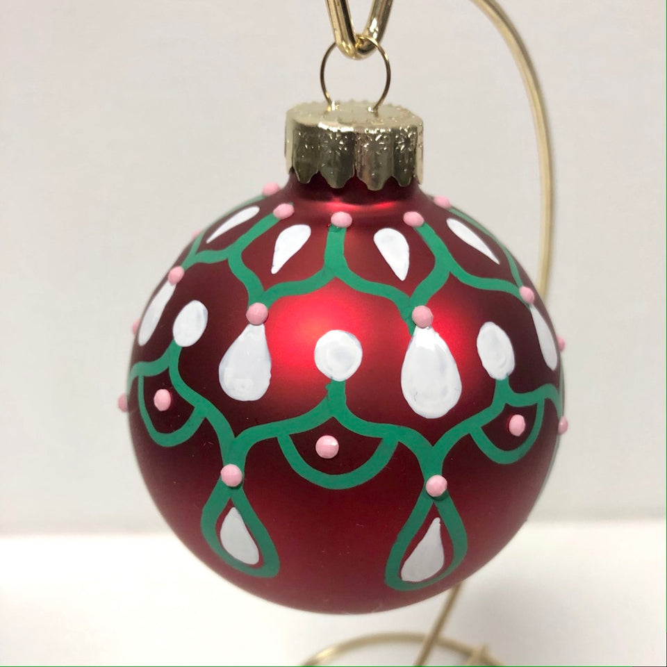 Red Glass Ornament with Hand-painted White & Green Design with Pink Beading
