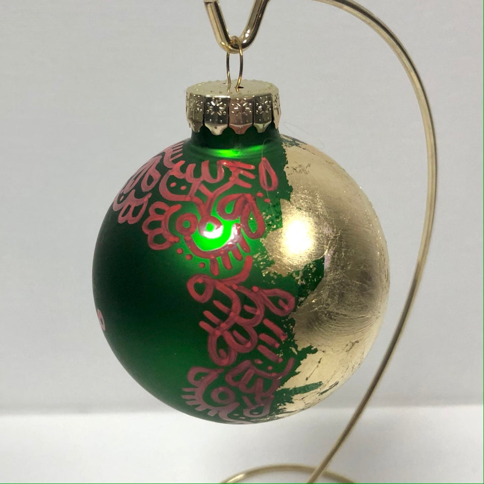 Green Glass Ornament with Hand-painted Red Design with Gold Leaf Detail