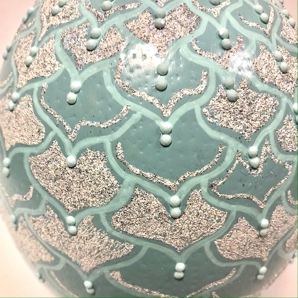 Authentic Ostrich Egg with Hand-Painted Aqua Pattern, Aqua Beading, and Frosted Accents..