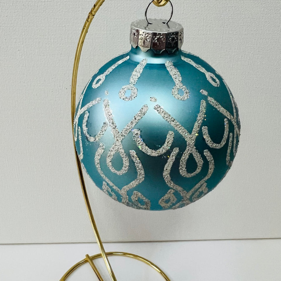 Sky Blue Glass Ornament with Hand-Painted Frosted Design.