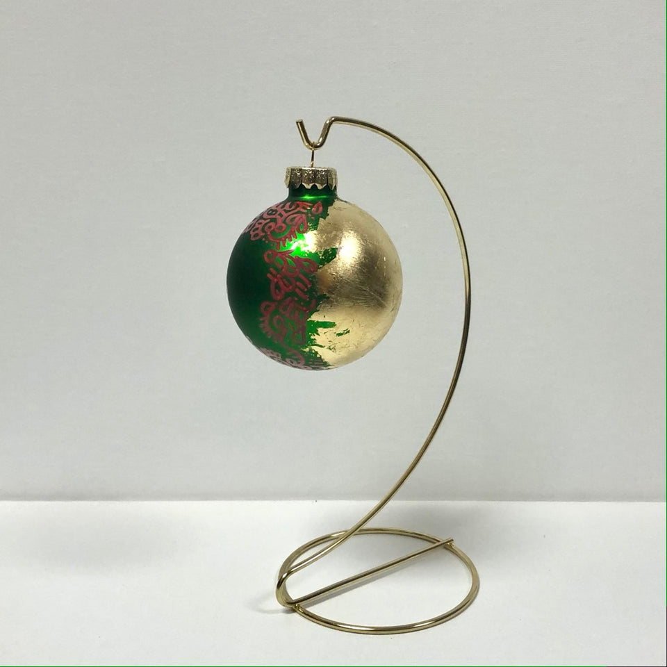 Green Glass Ornament with Hand-painted Red Design with Gold Leaf Detail