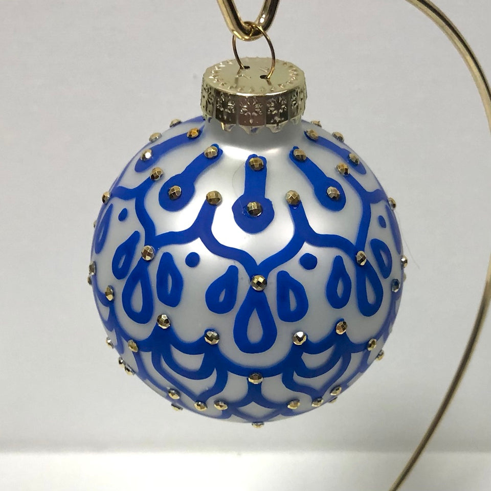 White Glass Ornament with Hand-painted Royal Blue detail and Gold Beading