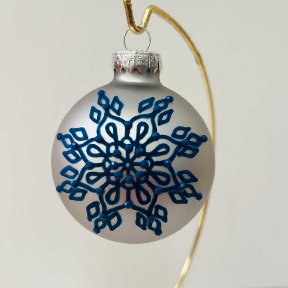 Silver Glass Ornament with Hand-Painted Navy Mandala