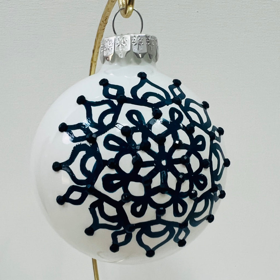 White Glass Ornament with Hand-Painted Navy Mandala