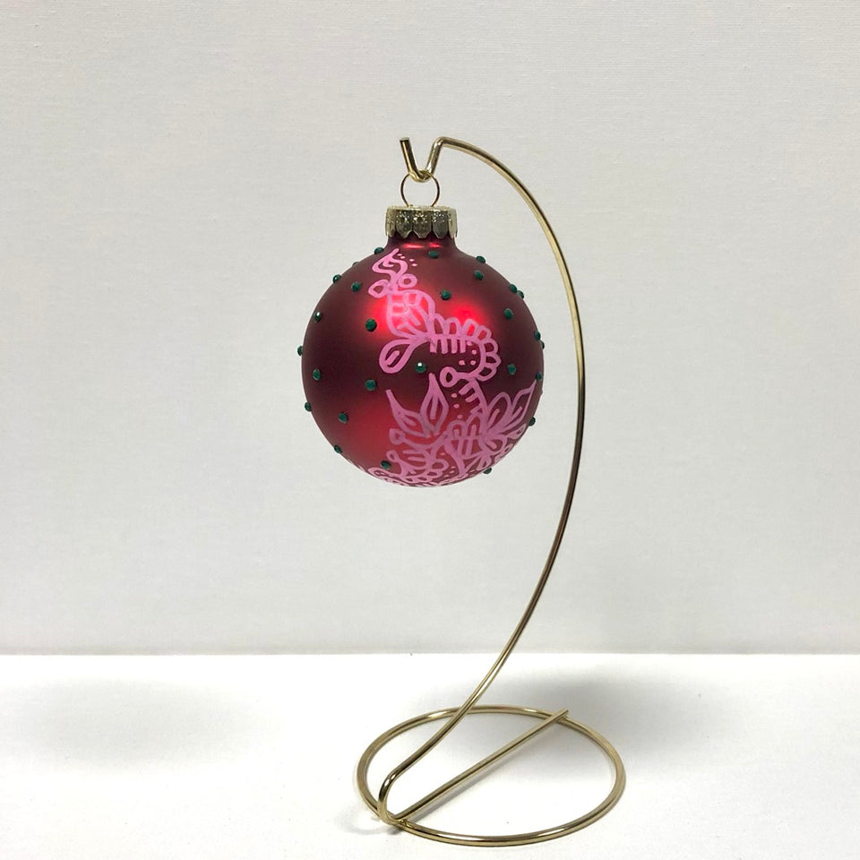 Red Glass Ornament with Hand-painted Pink Design with Green Beading