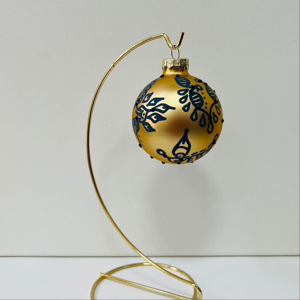 Gold Glass Ornament with Dusty Blue Design and Navy Beading
