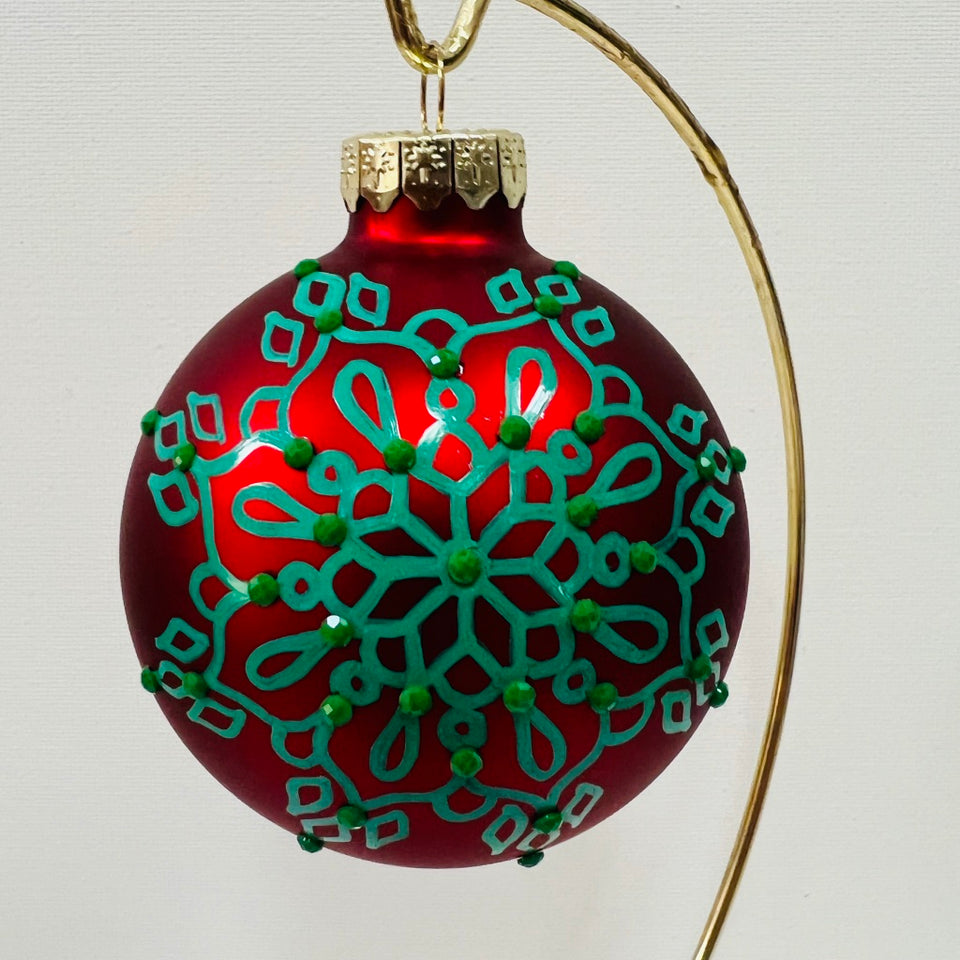 Red Glass Ornament with Hand-Painted Green Mandala and Green Beading
