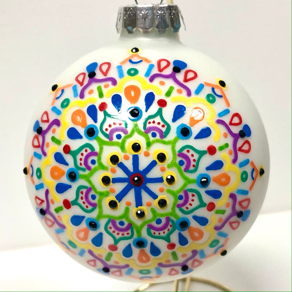 Extra Large White Glass Ornament with Hand-painted Multi-Colored Mandala with Black Beading
