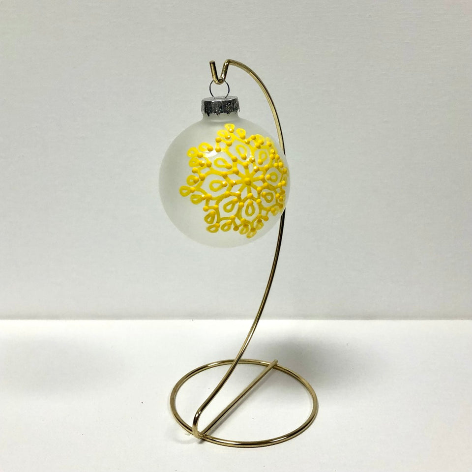 Frosted Glass Ornament with Hand-painted Yellow Mandala with Yellow Beading