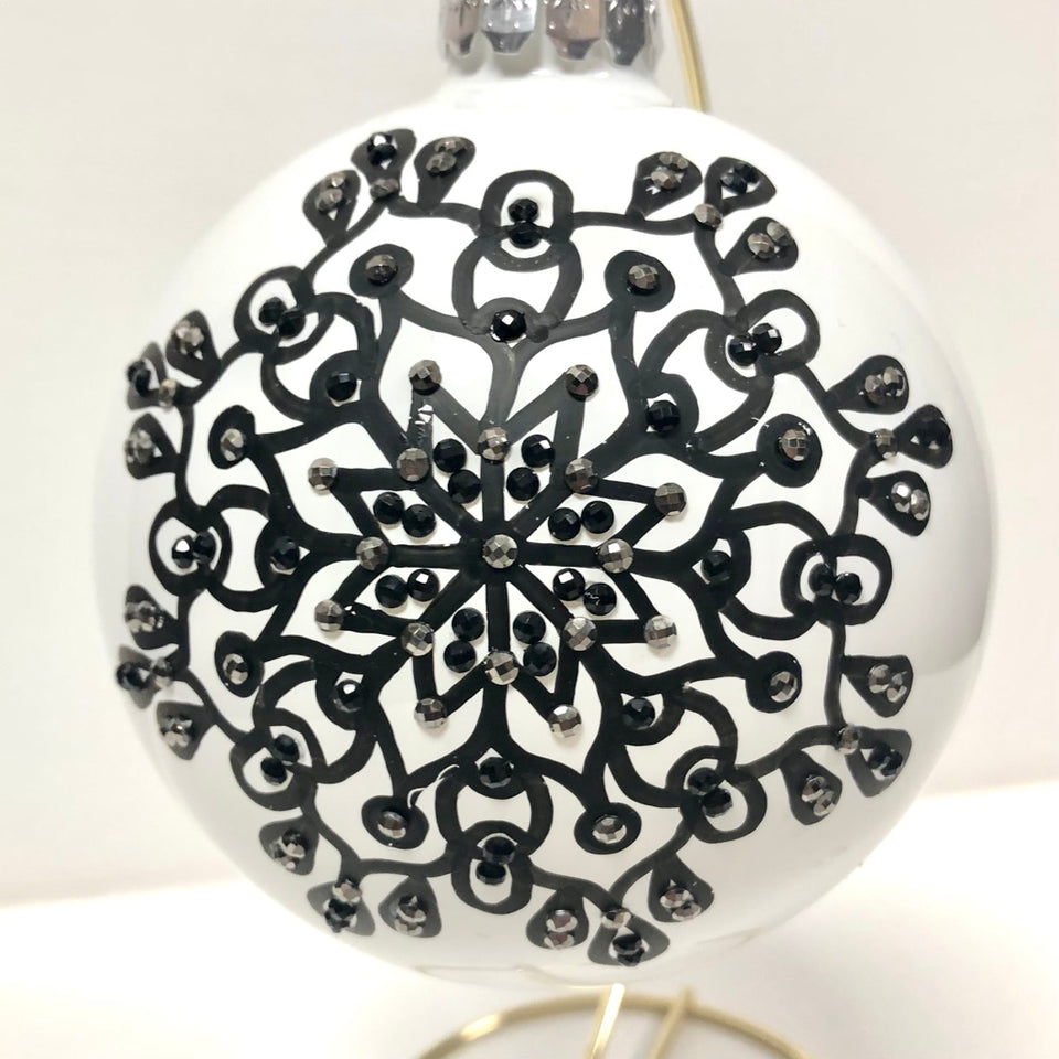 Extra Large White Glass Ornament with Hand-painted Mandala in Black with Silver & Black Beading